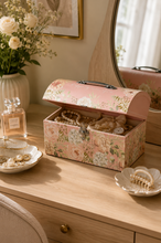 Load image into Gallery viewer, Pink floral hard paper board keepsake storage box open with gift contents on vanity table – MetaphorBD