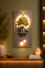 Load image into Gallery viewer, Premium 40x20 inch LED bonsai waterfall wall art with illuminated halo, hanging globe lights, gold metal frame, and modern luxury interior décor for living room.