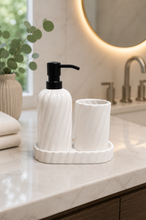 Load image into Gallery viewer, Premium matte black resin bathroom accessories set with 250 ml soap dispenser, toothbrush holder and organizer tray for modern luxury bathroom countertop décor.