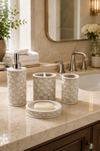 Load image into Gallery viewer, Shell ivory 4-piece bathroom accessory set with 250ml soap dispenser toothbrush holder tumbler and soap dish