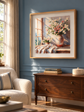 Load image into Gallery viewer, Window Blooms wooden framed floral artwork displayed on a blue wall beside a reading chair.