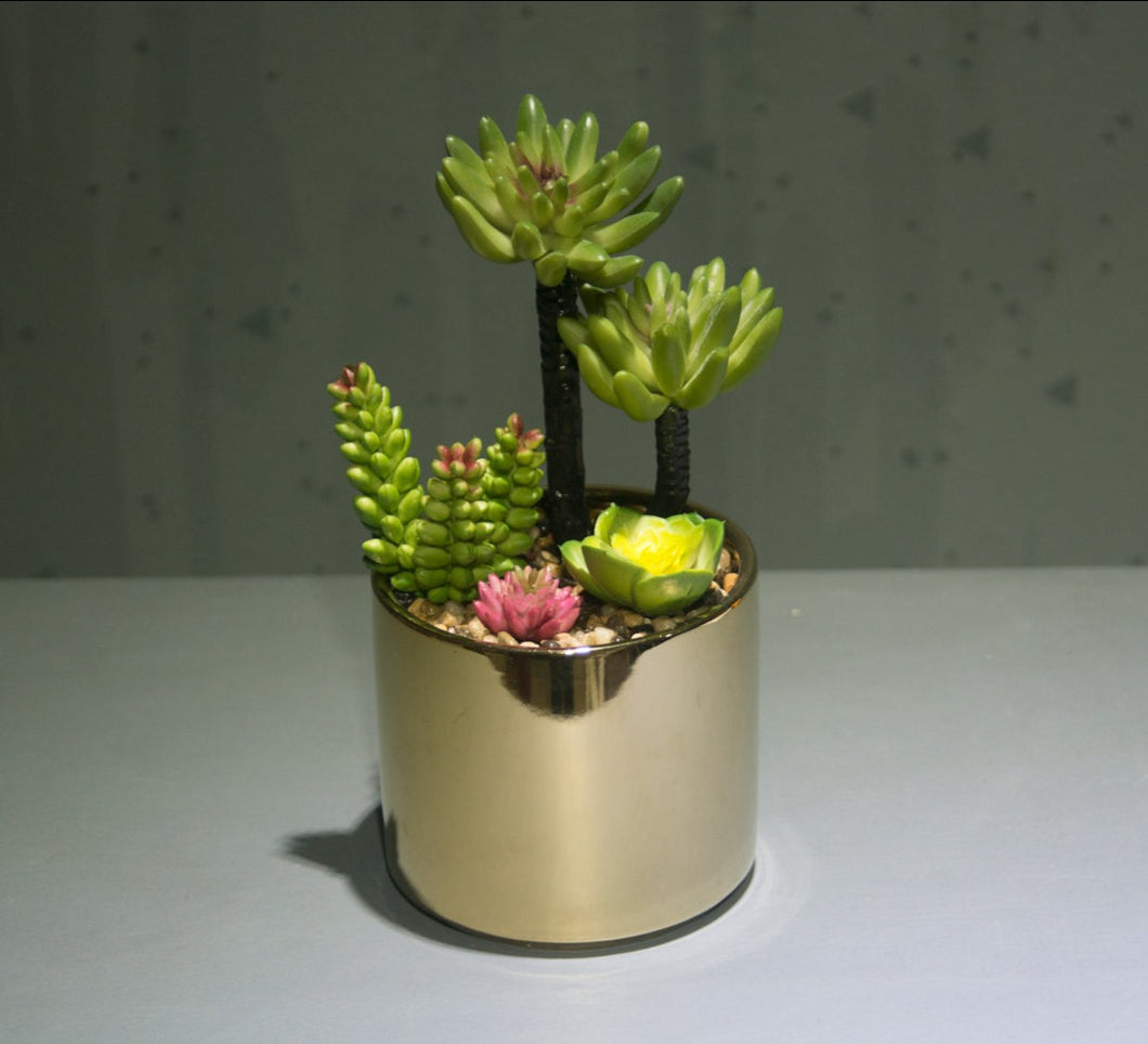 Plain golden ceramic round pot artificial cactus arrangement