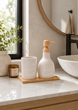 Load image into Gallery viewer, White ceramic bathroom accessory set with 250 ML soap dispenser, toothbrush holder, and bamboo tray