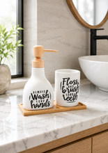Load image into Gallery viewer, White ceramic bathroom accessory set with 250 ML soap dispenser, toothbrush holder, and bamboo tray