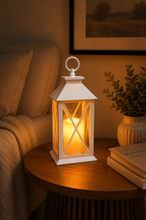 Load image into Gallery viewer, White decorative LED lantern with warm candle light glow for living room, bedroom and tabletop décor