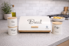 Load image into Gallery viewer, kitchen bread box with tea coffee sugar canisters storage set