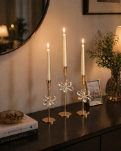 Load image into Gallery viewer, 3 piece crystal candle holder set with gold metal base for table decor and ambient lighting
