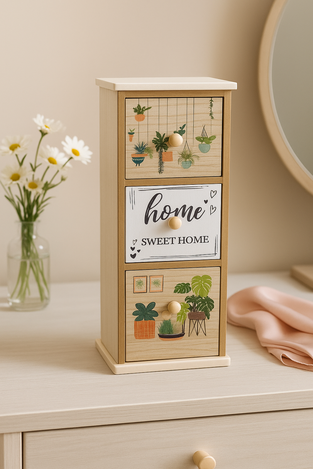 🌿 Mini Wooden Drawer Cabinet – “Home Sweet Home” (3 Drawers)