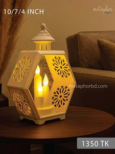 Hexagonal Floral LED Lantern with Candlelight – 10” Tabletop Decor