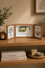 Load image into Gallery viewer, 8x23 inch folding triple photo frame with wooden finish for tabletop memory display
