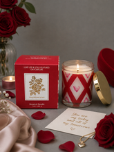 Load image into Gallery viewer, Bouquet of rose scented candle in luxury glass jar with gold lid and romantic packaging for home fragrance and gift
