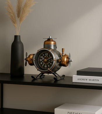 Drone-inspired vintage table clock with propellers for home and office decor