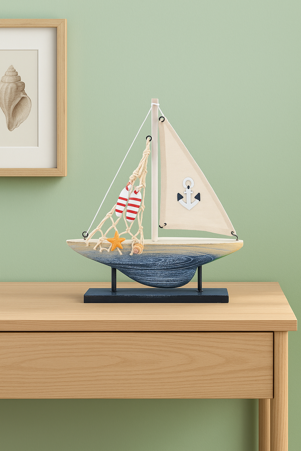 Nautical sailboat decorative figurine with seashell and rope net accents