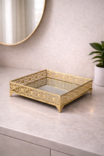 Load image into Gallery viewer, ✨ Ornate Gold Mirror Vanity Tray | Luxury Jewelry &amp; Perfume Organizer
