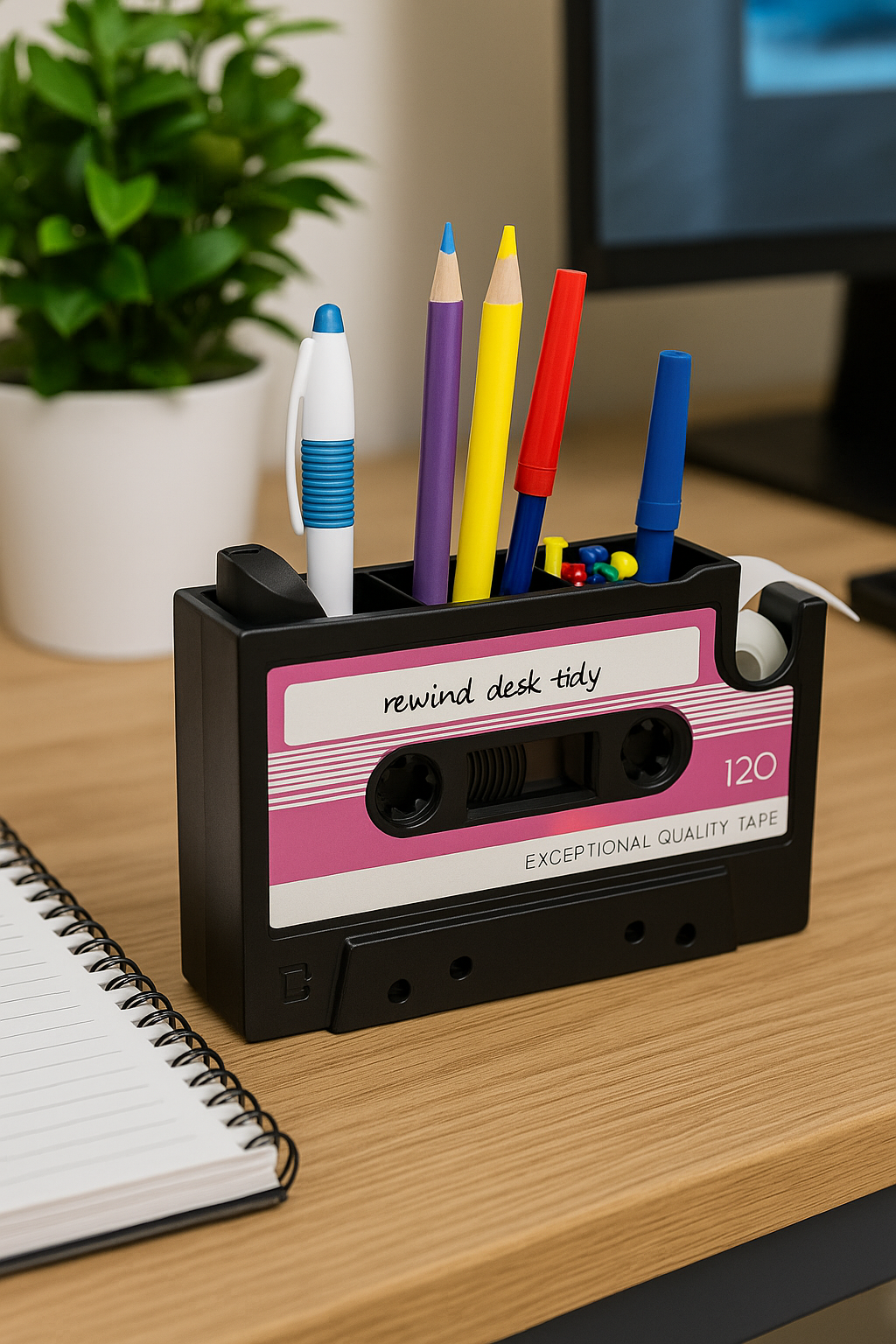 Cassette tape design desk organizer with compartments holding pens and pencils
