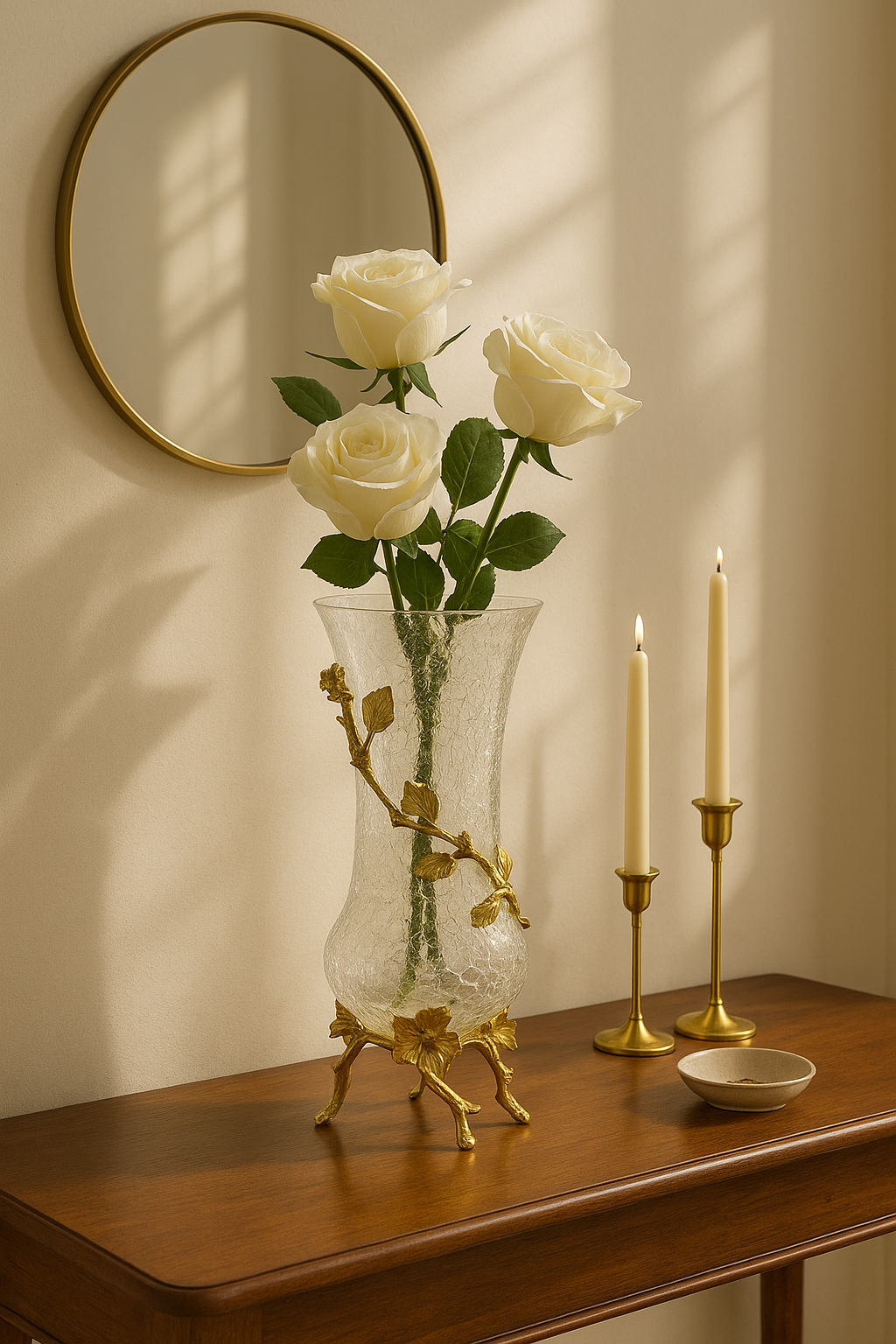 Crackle glass vase on antique gold vine stand used as a luxury table centerpiece
