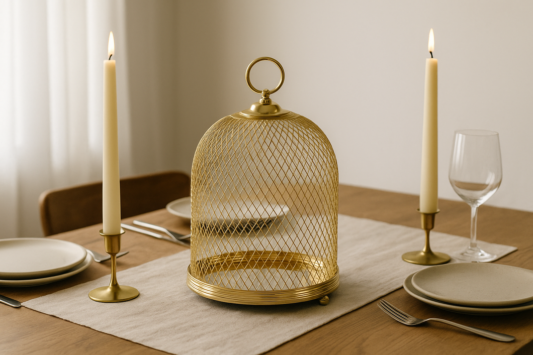 Decorative gold mesh cloche with mirror tray base – 12x8 inch