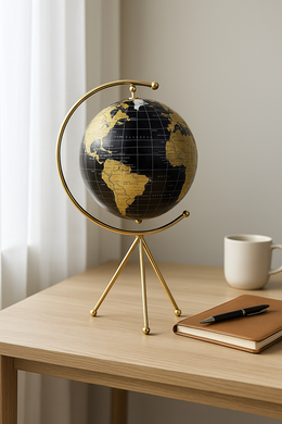 Black and gold decorative tabletop globe with tripod stand – MetaphorBD