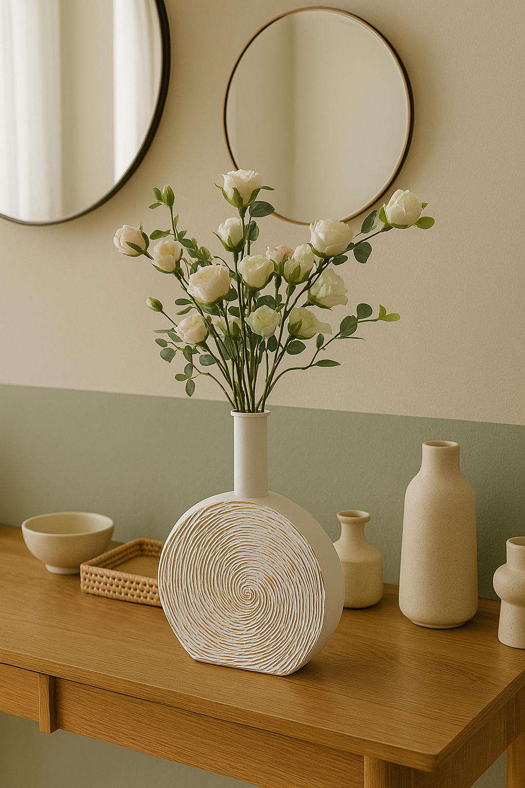 White textured ceramic vase with spiral pattern – tall slim flower holder for modern home décor