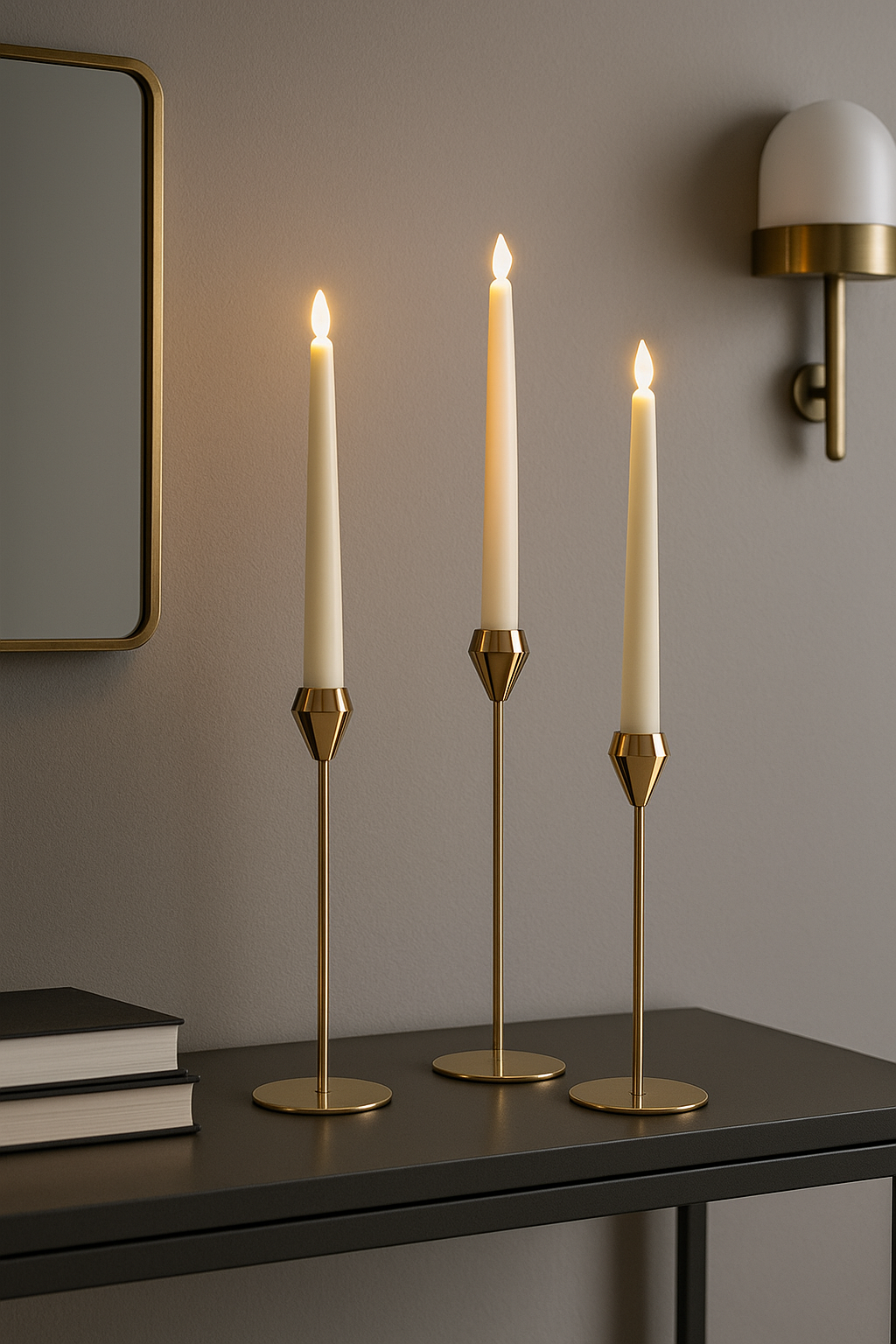 Set of three gold taper candle holders with lit candles on black marble tabletop

