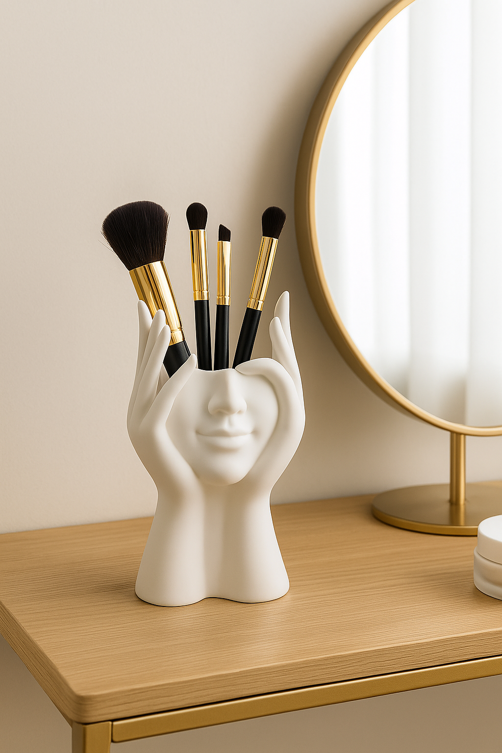 Face-shaped white ceramic makeup brush holder on vanity with gold-trimmed brushes

