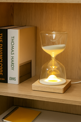 Minimalist Hourglass LED Lamp on Wooden Base with Soft Yellow Light