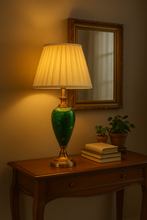 Load image into Gallery viewer, Elegant green ceramic vintage table lamp with pleated shade on wooden console
