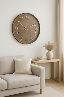 Large round matte brown wall clock with gold numerals in a minimalist living room