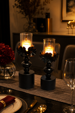 Load image into Gallery viewer, Black Floral Candle Holder Set | Decorative Metal Hurricane Candle Stands (Set of 2)
