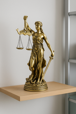 Gold Lady Justice statue holding scales and sword on a wooden shelf – MetaphorBD home and office décor