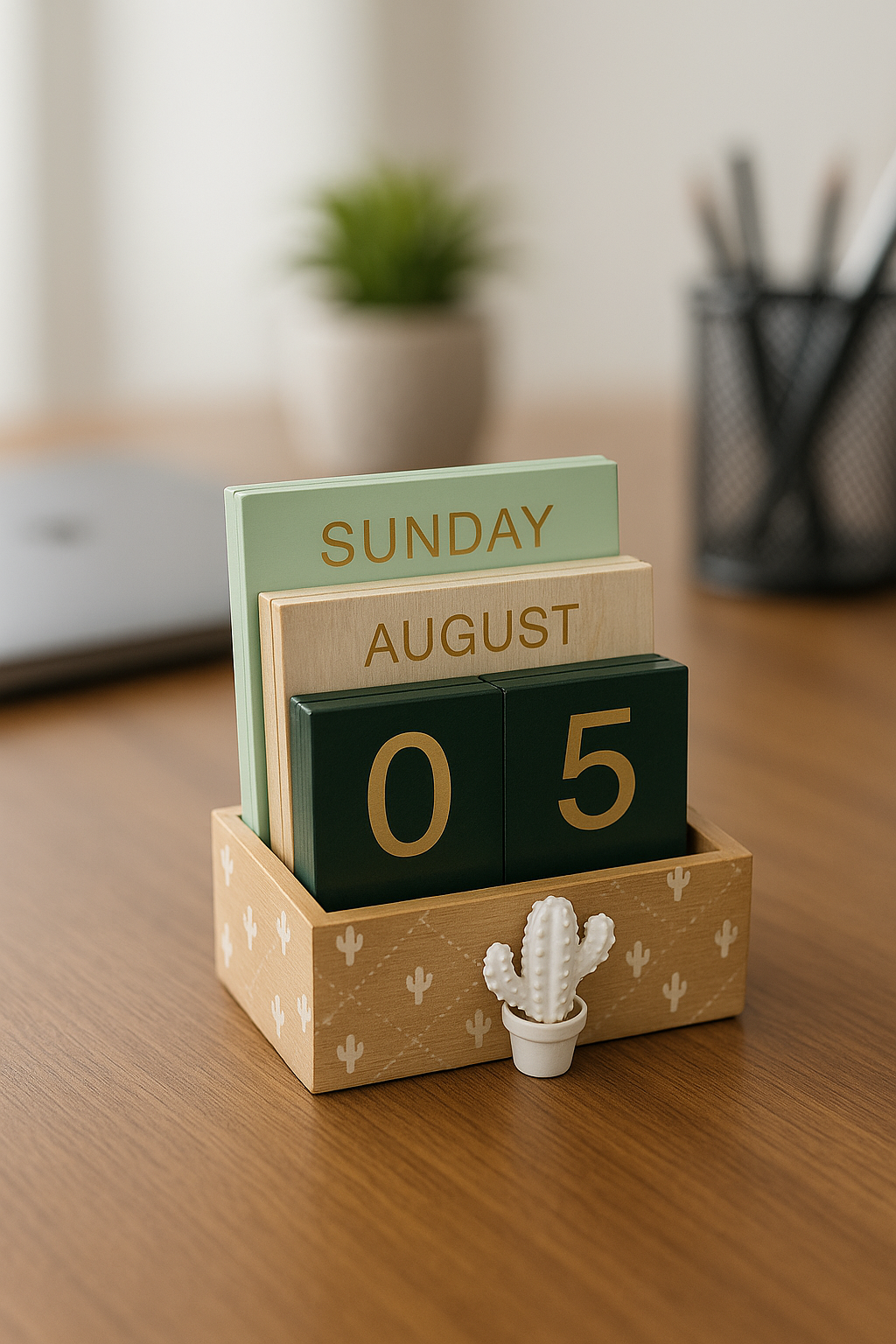 Wooden block perpetual desk calendar with cactus accent in earthy tones – MetaphorBD home office decor