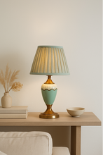 Load image into Gallery viewer, Teal ceramic table lamp with pleated linen shade – MetaphorBD
