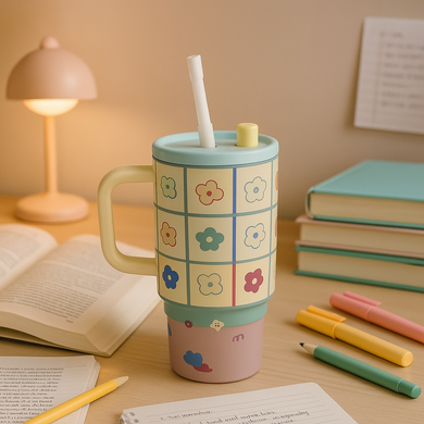 Pastel flower-pattern insulated tumbler with straw and handle – MetaphorBD drinkware