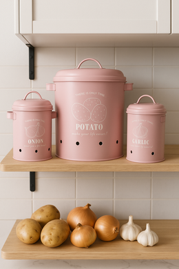 Pink metal storage canister set for onions, potatoes, and garlic with vent holes – MetaphorBD kitchen decor