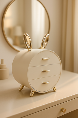 Cream and gold bunny-ear vanity organizer with three drawers – MetaphorBD makeup storage