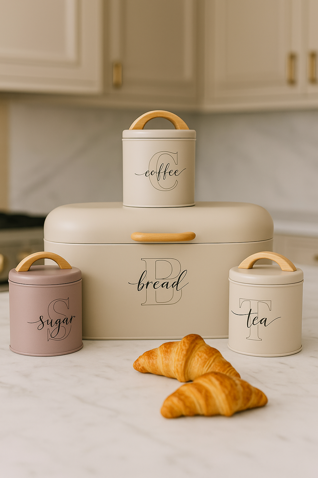 Modern matte bread box with matching sugar and tea canisters — neutral kitchen storage set from MetaphorBD