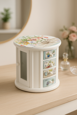Floral round jewelry organizer with rotating base and illustrated drawers – MetaphorBD vanity accessory
