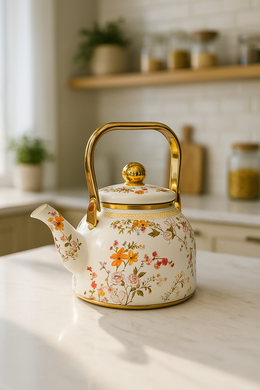 Vintage floral enamel kettle with gold handle – MetaphorBD kitchen décor and cookware