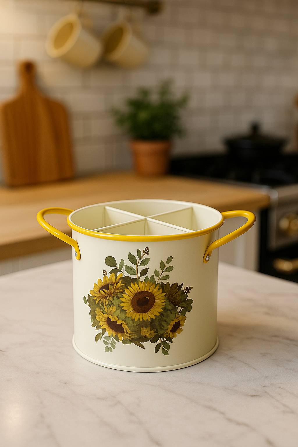 Sunflower printed kitchen utensil holder with yellow handles on wooden countertop – MetaphorBD kitchen décor