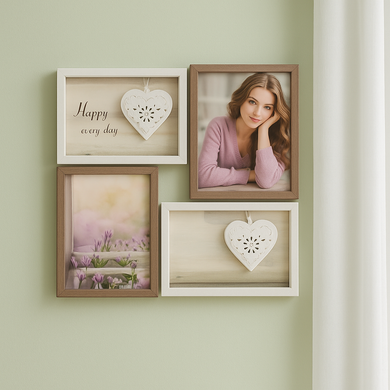 Rustic and Modern 4-frame wall art set by Metaphor Decor House, featuring heart accents and inspirational text