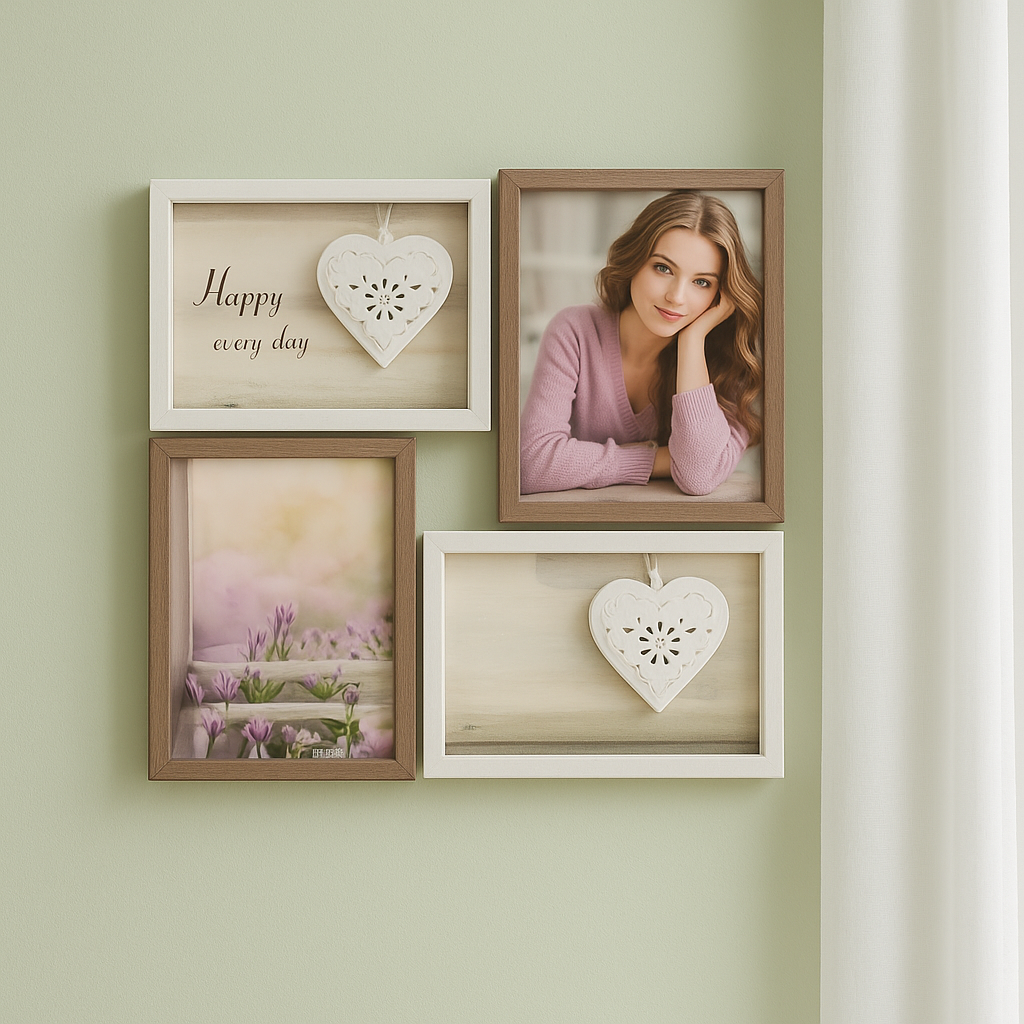 Rustic and Modern 4-frame wall art set by Metaphor Decor House, featuring heart accents and inspirational text