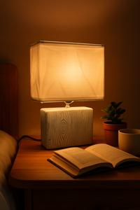 Ceramic table lamp with fabric shade on bedside table from MetaphorBD.