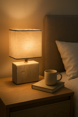 Ceramic table lamp with fabric shade on bedside table from MetaphorBD.