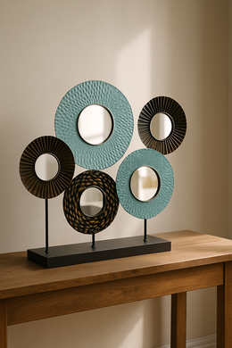 Modern metal mirror sculpture with teal and bronze circular design on wooden console table.