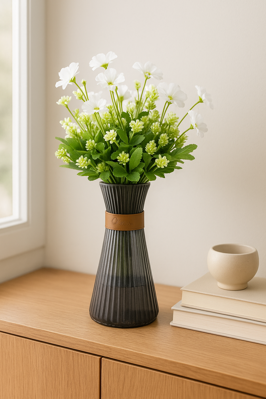 🌿  Ribbed Vase with White Artificial Flowers – 16/8 Inch
