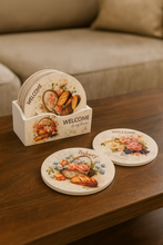 Load image into Gallery viewer, ☕ Vintage Floral Wooden Coaster Set (6 pcs with Holder)
