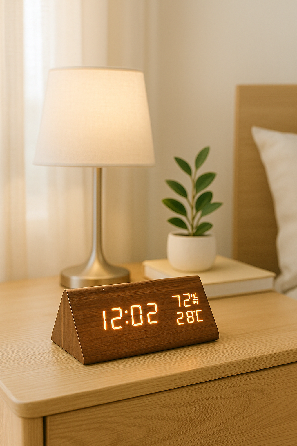 Wooden digital LED clock with time, temperature, and humidity display – MetaphorBD