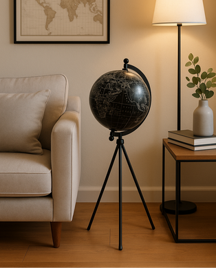 Black decorative floor globe on tripod stand for modern home and office decor