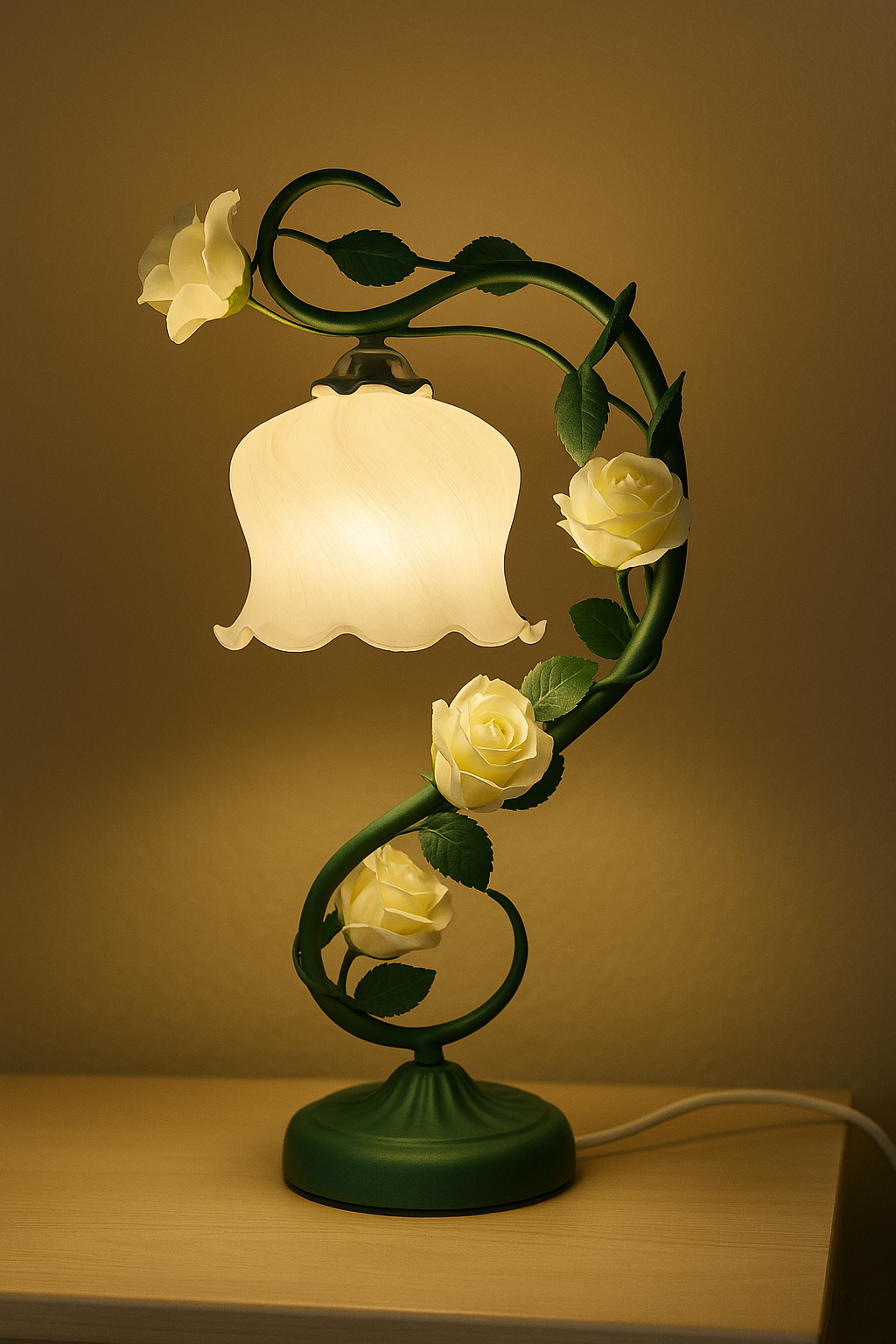 Romantic rose table lamp with curved vine base, yellow roses, and frosted glass shade on a wooden side table