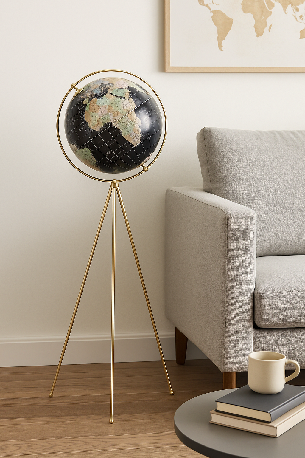 Image Alt Text: Black and gold decorative floor globe on tripod stand for modern home and office decor

Product Tags: 